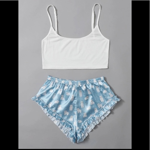 Cute Adjustable Straps Crop Cami Top & Satin Ruffle Trim W/Bears Short Shorts - Picture 1 of 4